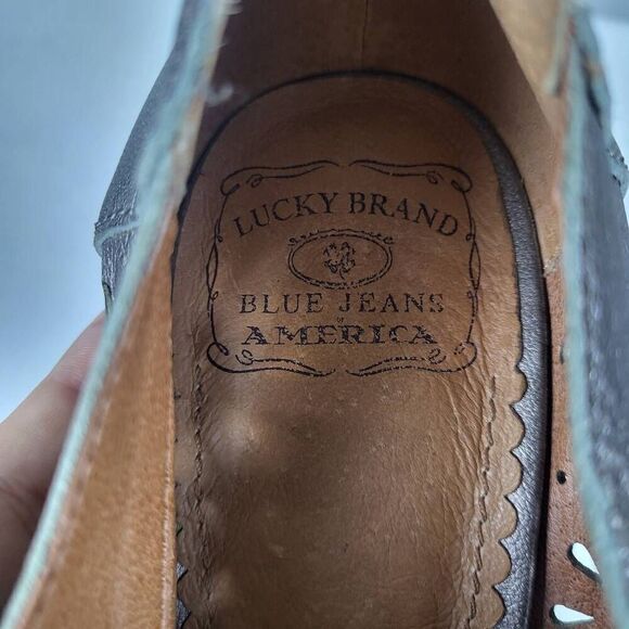 Lucky Brand Womens Peony Stacked Heels Metallic Pewter Size 10 Leather Peep Toe - Picture 7 of 8